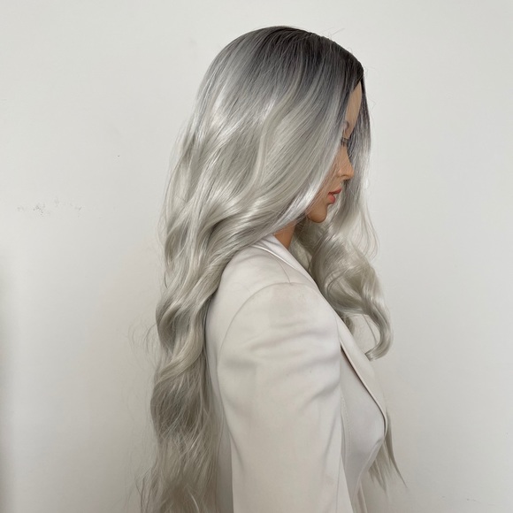 shadow root platinum wig icy white silver 30 inch middle parting grey wig NWT - Picture 2 of 16